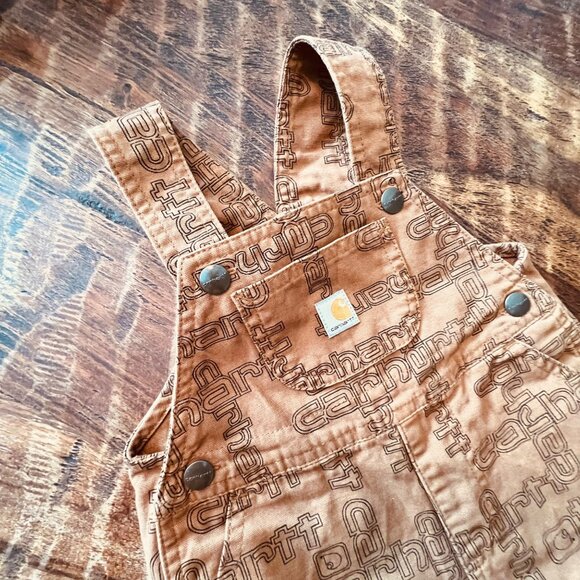 Carhartt Baby Overalls 18M Brown Allover Logo Print Durable All Cotton - Picture 9 of 11